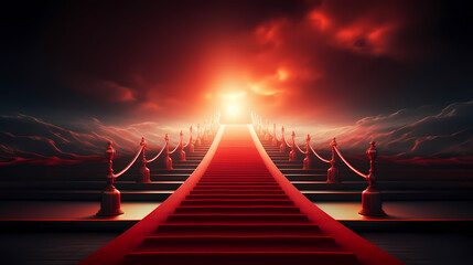 Red carpet on the stairs on dark background, the way to glory, victory and success - obrazy, fototapety, plakaty