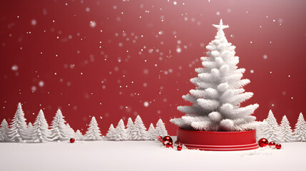 christmas tree snow blank red podium display at studio
