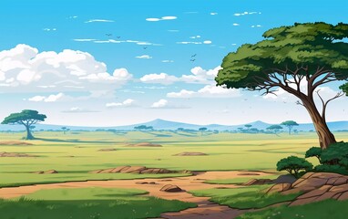 vector illustration African savanna landscape, wild nature of Africa, cartoon background with green trees, very beautiful view