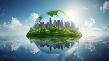 City environment concept, Environmentally friendly renewable energy sources including wind solar and hydropower can aid in preventing global warming ,AI generated