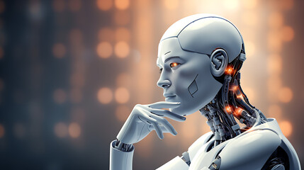 A robot thinking, Closeup of a Cyborg thinking like humans,AI generated - obrazy, fototapety, plakaty