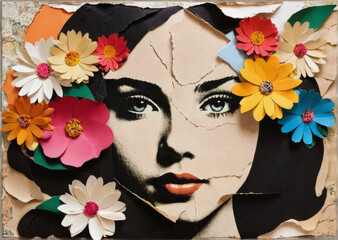 Illustration of a girl in flowers in the style of a torn paper collage