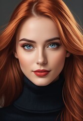 Fototapeta premium A beautiful woman with red hair and blue eyes looks into the distance. She wears a black turtle neck against a gray background.