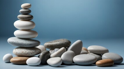 Fototapeta na wymiar White sea pebble stone stack on light blue background. generative, AI.