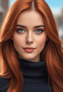 The image is of a close-up of a woman with long red hair and blue eyes. She has a serious expression and is wearing a black turtleneck. The background is blurry and there are buildings visible in the 