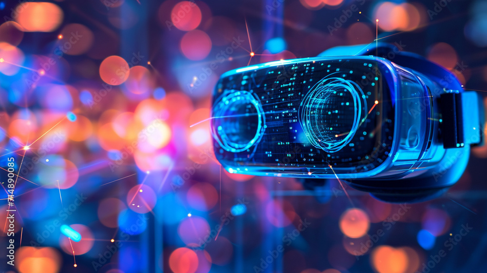 Poster a virtual reality headset used for machine learning simulation, machine learning, blurred background