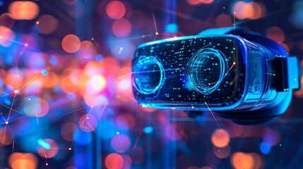 A virtual reality headset used for machine learning simulation, machine learning, blurred background, with copy space - obrazy, fototapety, plakaty
