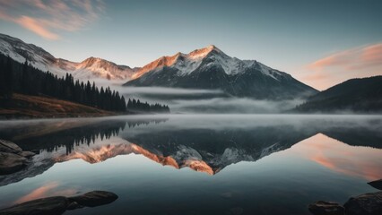 Fototapeta na wymiar Mountains Reflected onto Water on Beautiful Foggy Day, generative, AI.