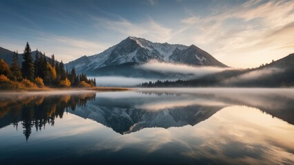 Mountains Reflected onto Water on Beautiful Foggy Day, generative, AI. - obrazy, fototapety, plakaty