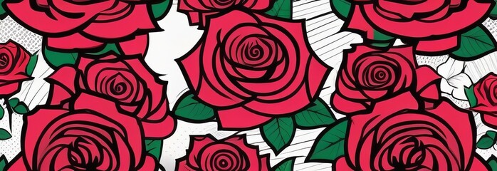 Seamless pattern with red roses. Red roses color set. Black line rose flowers isolated on white background. colored elements illustration for happy Valentines day postcards