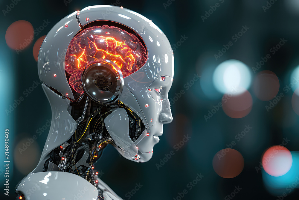 Fototapete robot brain digital illustration. 3d rendering ai robot think or compute.