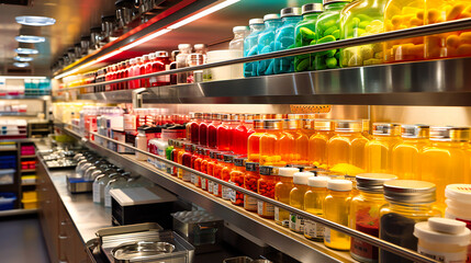 Colorful display of bottled beverages on store shelves, offering a variety of refreshing and healthy drink options