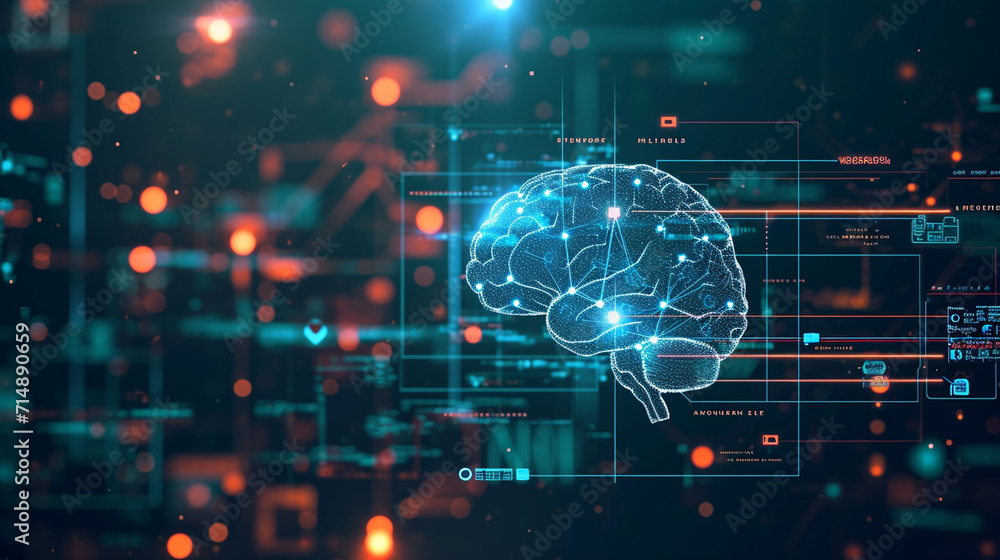 Poster an infographic showing the process of machine learning, machine learning, blurred background, with c