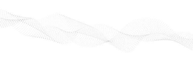 Abstract flowing dots particles wave curved lines on transparent background. Black halftone gradient smooth curve line shape background. Design for frequency sound, technology, science, banner
