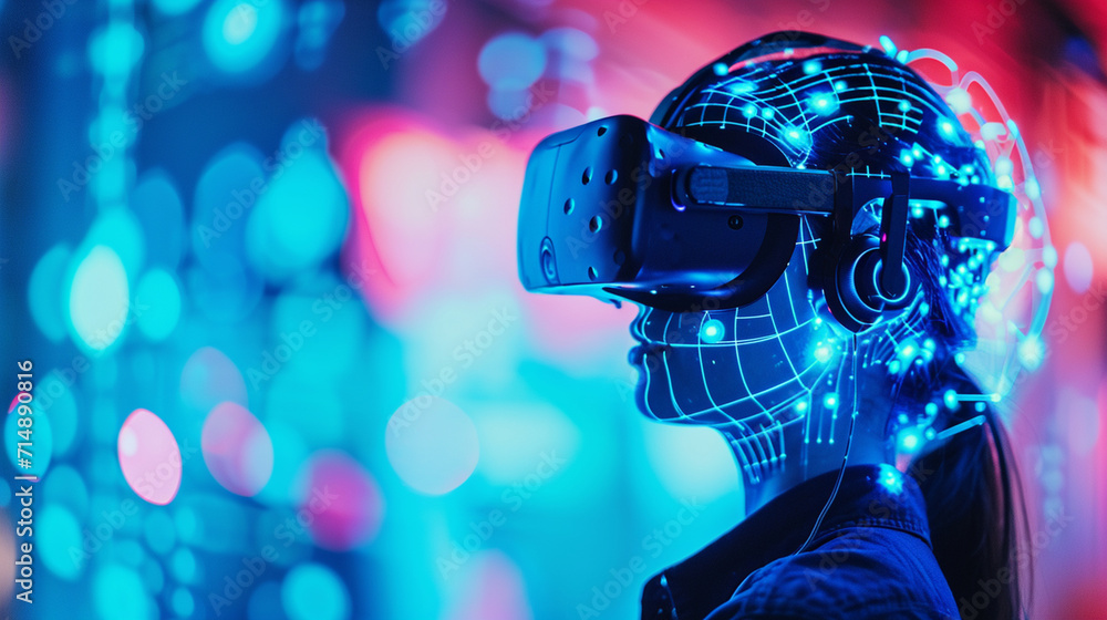 Poster a user experiencing a machine learning powered virtual reality game, machine learning, blurred backg