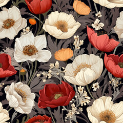 Seamless pattern of spring flowers and leaves in the style of naturalist aesthetic. Red, white poppy flowers on dark background with detailed texture. Colorful botanical illustration