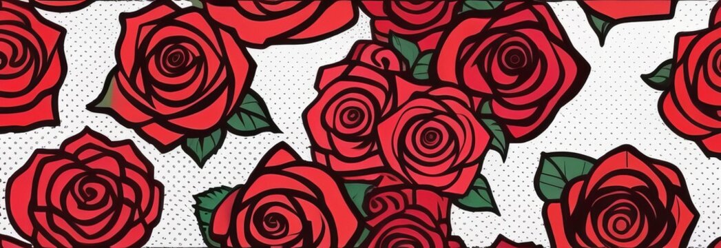 Seamless pattern with red roses. Red roses color set. Black line rose flowers isolated on white background. colored elements illustration for happy Valentines day postcards