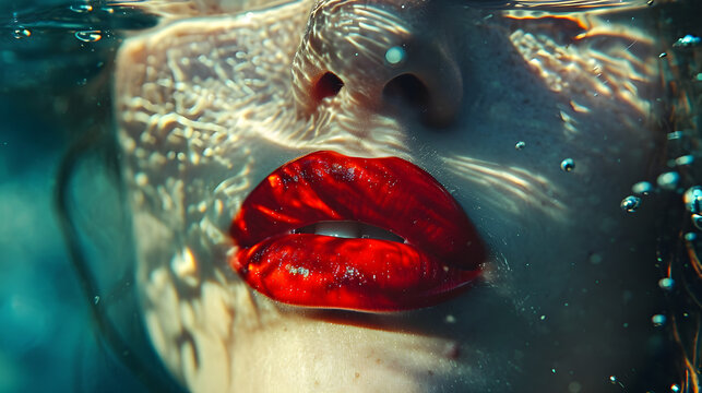 red lips, a beautiful lady, double exposure with window shadow and light in water reflex