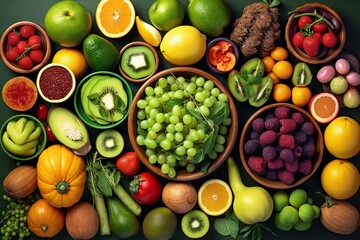 Fresh vegetables on the table, a bright assortment of fresh vitamins, top view. Ingredients for desserts and side dishes. Concept: healthy eating and snacks
