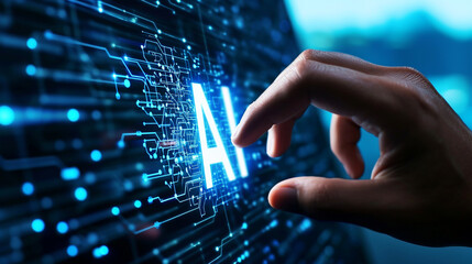 "AI" on a touchscreen being interacted with by a human hand, artificial intelligence, blurred background, with copy space