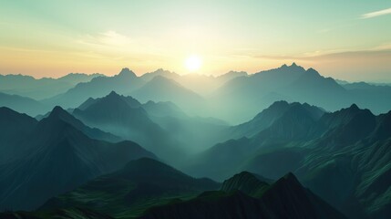 misty sunrise silhouette over a mountain range, pastel colours - Powered by Adobe