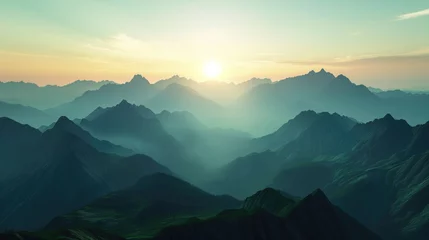 Fotobehang Mistige ochtendstond misty sunrise silhouette over a mountain range, pastel colours