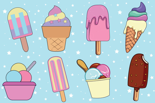 Ice cream set. Summer colorful background. Tasty cute appetizing food collection. Simple realistic modern design. Flat style vector illustration