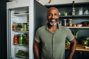 Smiling fit man standing in kitchen with fresh produce on shelves