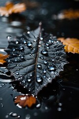 Generative AI's Monochromatic Botanicals Black Leaf and Water Droplets