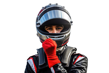 Race driver posing with a helmet on white background