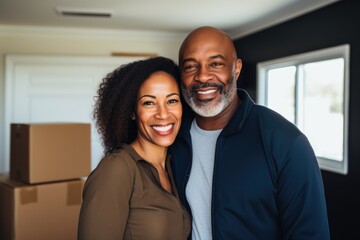 Smiling portrait of a middle aged couple at home after moving in - obrazy, fototapety, plakaty