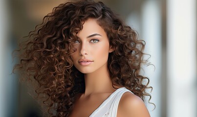 A beautiful young woman with curly hair posing for a picture