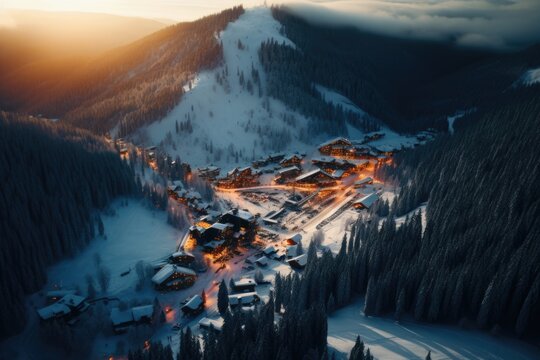 Aerial view of a ski center on snowy mountain