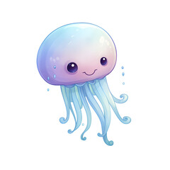 Happy Cartoon Jellyfish Swimming in the Blue Sea,watercolor clip art  Surrounded by Playful Ocean Creatures in a Vector Illustration