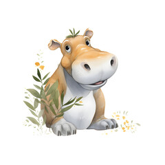 Naklejka premium Hippopotamus cartoon watercolor clip art illustration of a cute and funny cow adorned with a flower 
