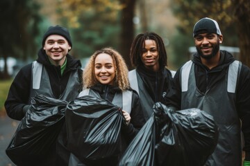 Portrait of diverse volunteers holding trash bags - obrazy, fototapety, plakaty