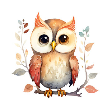 Wise Brown Owl Perched on a Tree Branch in a Cartoon-style watercolor clip art  of Nature's Wildlife, Featuring Cute Character Design and Artistic Drawing with Night Eyes