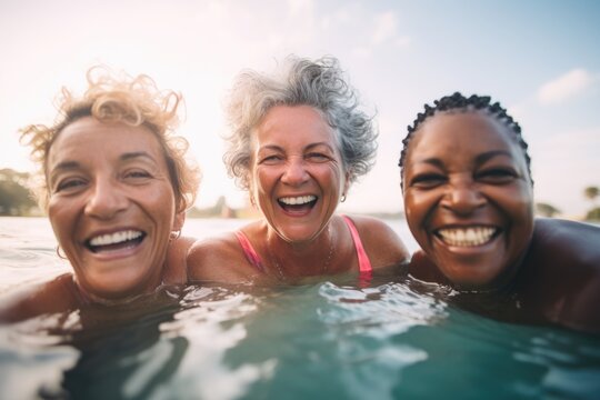 Portrait Of Diverse Senior Women Swimming In A Lake