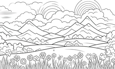 A black and white landscape with mountains and flowers