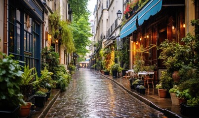 A cobblestone street lined with potted plants - Powered by Adobe
