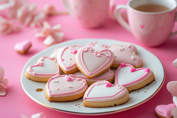 Fototapeta na wymiar homemade pink red romantic valentines day cookies biscuit in heart shape with icing frosting detailed decoration in editorial magazine look for bakery cafe romantic date anniversary wedding party