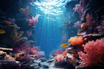 Fototapeta na wymiar Explore the depths of a surreal underwater world, where vibrant marine life and dreamlike visuals come together in harmony. Generative Ai.