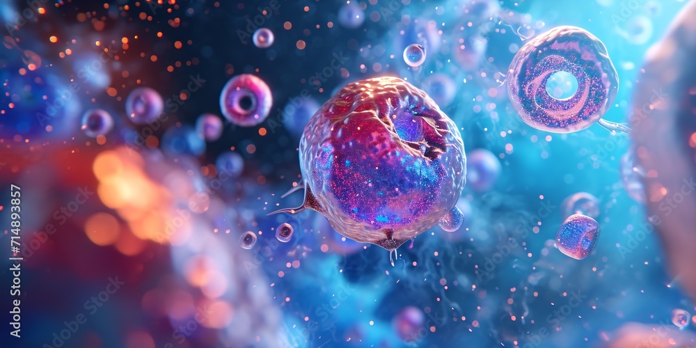 Poster a colorful and detailed image of a cell with a purple and blue color scheme generative ai