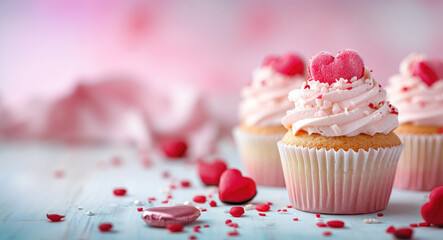 homemade valentines day date wedding engagement cupcakes muffins treats in romantic pink red colours with frosting heart shaped sprinkles in magazine editorial look bakery baked 