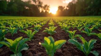 Lush Green Crop Field under a Clear Blue Sky: A Symbol of Agricultural Abundance and Farming Prosperity - obrazy, fototapety, plakaty
