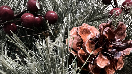 Macro pine tree cone and berries on Christmas tree. Close-up Xmas wreathe. Green fir tree with...