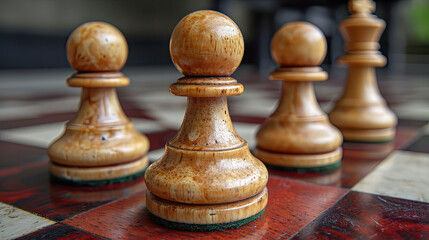 Close-up of wooden chess pawns on a checkered board. - obrazy, fototapety, plakaty