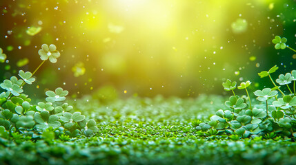 Green clover leaves on green grass with sunlight and bokeh background