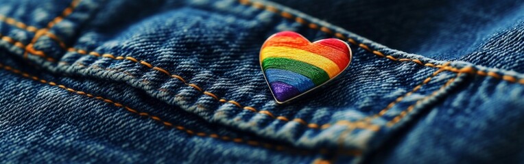 Lgbt symbol rainbow heart icon. Same sex love. denim pocket on the pants. - obrazy, fototapety, plakaty