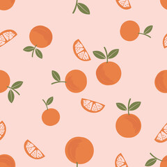 Seamless pattern of orange fruit with green leaf on pink background vector illustration. Cute fruit print.